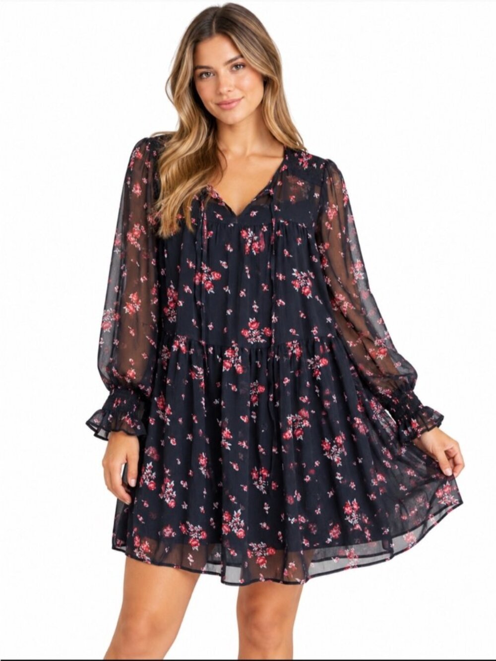 Miss Selfridge Black Pink Floral Chiffon Tiered Babydoll Mini Dress US 10 Grunge